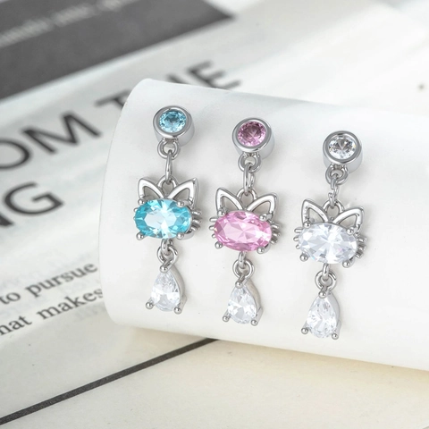 Kat Oorknopjes Titanium Staal Koper Zirkonia Waterdruppel Hanger Zoete Dieren Piercing Sieraden Schroefsluiting Dames