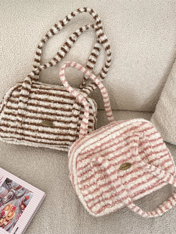 Plush Striped Shoulder Bag Faux Fur Handbag Zipper Large Capacity Winter Warm Tote For Women