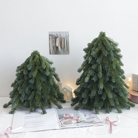 Künstlicher Mini Weihnachtsbaum PE Realistische Kiefernnadeln Tischdeko LED Lichter Rosa Schleife Feiertagsornament