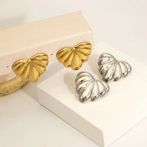 Boucles D'Oreilles Cœur Acier Inoxydable Plaque PVD Texture Coquillage Plis Vagues Vintage Tendance Impermeable Poli Femmes