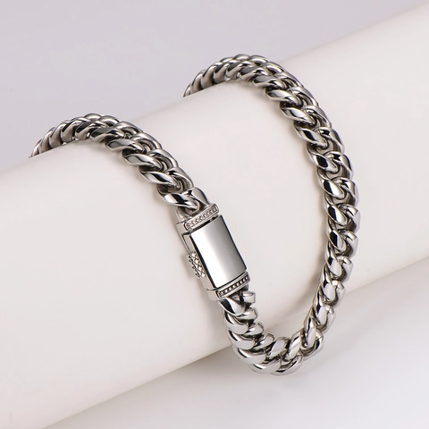 Men Cuban Link Chain Necklace Polished 304 Stainless Steel Hip Hop Fashion Jewelry Silver Color Square Clasp