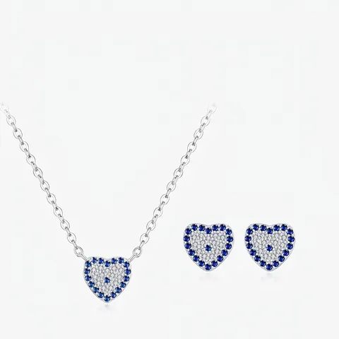 925 Sterling Silber Herz Teufelsauge Schmuck Halskette Und Ohrringe Mit Blau Weißem Zirkonia Französischer Retro Stil Für Damen