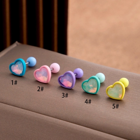 Orecchini a Bottone a Cuore in Acciaio Inossidabile Con Zirconia Colorata Intarsiata Gioielli per Piercing da Donna Chiusura a Vite