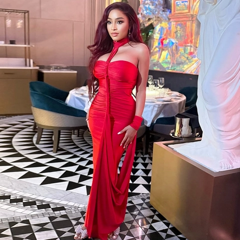 Ruched Halter Maxi Dress For Women Backless Slim Fit Satiny Elegant Evening Banquet Party Gown Solid Color Sleeveless