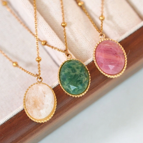 Collana a Sfere in Acciaio Inossidabile Placcato Oro 14K Vintage per Donna Ciondolo in Pietra Naturale Ovale Gioielli