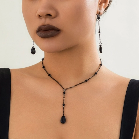 Gothic Y-Shaped Pendant Necklace With Crystal Beads Teardrop Tassel Retro Vampire Style Jewelry Accessories For Women