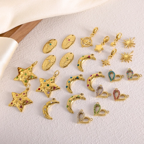 Stainless Steel DIY Jewelry Charms Pendants And Chains Star Moon Heart Shapes With Colorful Rhinestones For Necklace Making