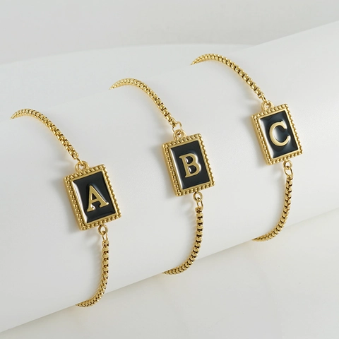 18K Gold Plated Stainless Steel Initial Letter Bracelet White Mother Of Artificial Pearl Square Pendant Adjustable Box Chain Jewelry