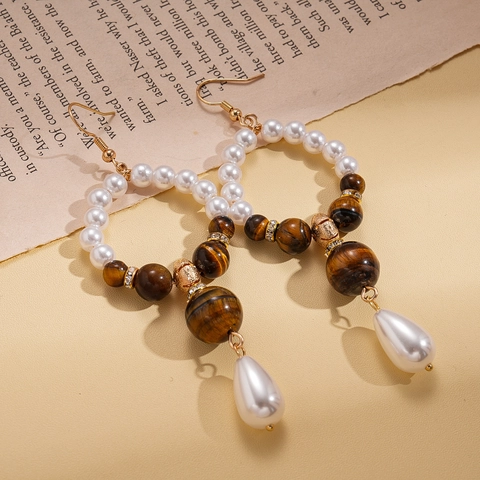 Bohemian Drop Earrings With Tiger's Eye Stones Imitation Artificial Pearls Rhinestones Alloy Retro Vintage Style Dangle Jewelry