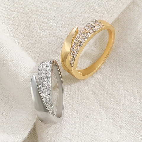 Kupfer Strass Offener Ring Für Damen Mode Minimalistisch Geometrisch Personalisierter Zeigefinger Ring Schmuck Zubehör Gold Silber
