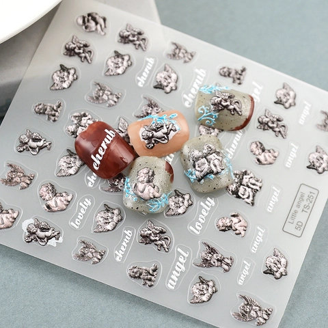 Autocollants Ongles Relief 5D Motifs Ange Chérubin Vintage Style Baroque Rococo Décorations Manucure Adhésives