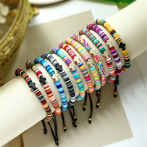 Boho Cross Heishi Bead Bracelet Adjustable Woven Polymer Clay Religious Jewelry Gift For Men