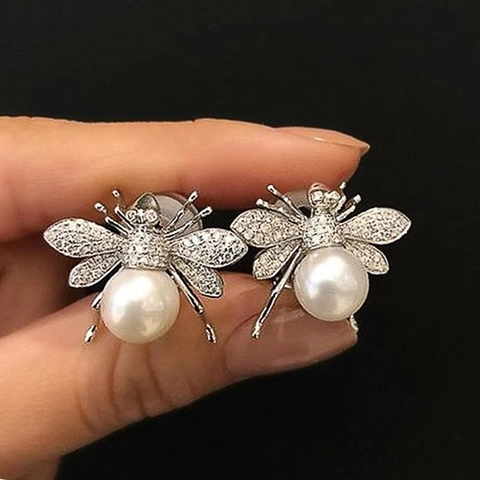 Bee Stud Earrings Copper Cubic Zirconia White Imitation Artificial Pearl Vintage Insect Style For Women Delicate Jewelry Accessory