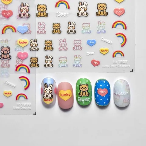 5D Embossed Nail Art Stickers Cartoon Bear Rabbit Self Adhesive Decals DIY Manicure Decoration Kawaii Style
