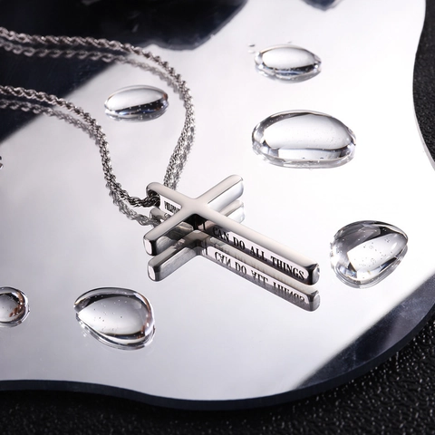 Collar Colgante Cruz Versículo Bíblico Grabado Acero Inoxidable Joyería Religiosa Pulida Filipenses Para Hombres Mujeres