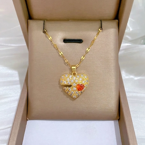 Herz Anhänger Halskette Titanstahlkette Kupfer Weiß Rot Zirkon Eingelegt Vergoldet Gebrochenes Design Eleganter Schmuck Damen