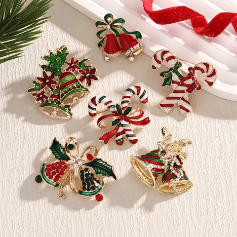 Broche De Navidad Esmalte Aleación Rhinestone Campana Bastón De Caramelo Lazo Joyería Festiva Insignia Para Ropa
