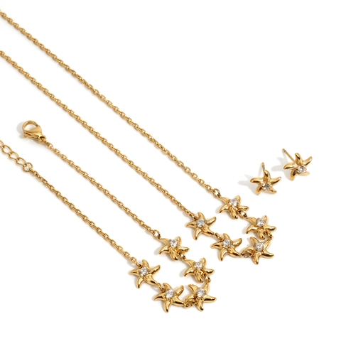 Starfish Stainless Steel Necklace Bracelet Stud Earrings Zircon Inlaid Gold Plated Minimalist Fashion For Women