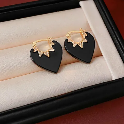 Vintage Heart Hoop Earrings Gold Plated Copper Black Enamel Zircon Star Sunburst Elegant Jewelry For Women