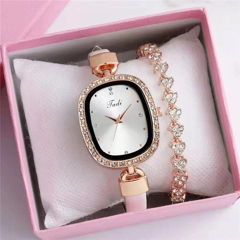 Women Fashion Wristwatch Elegant Rhinestone Inlaid Oval Dial Slim Faux Leather Strap And Bracelet Gift Box Quartz
