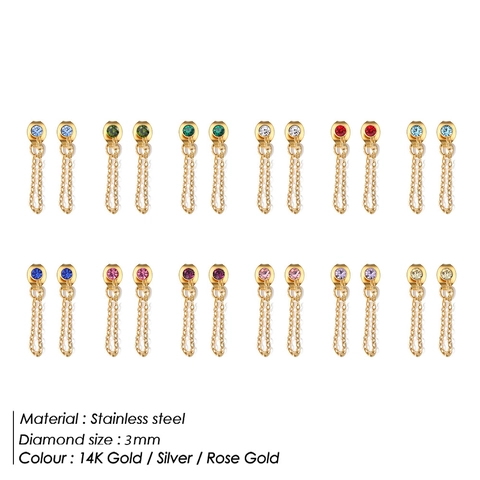 Boucles D'oreilles Chaîne Pierre De Naissance Acier Inoxydable Minimaliste Strass Géométrique Pompon Bijoux Femmes