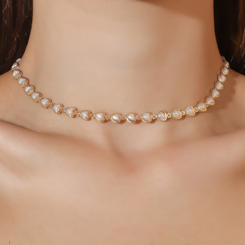 Collana con Pendente a Cuore in Perla Artificiale Vintage Francese Placcato Oro Catena in Lega Choker per Donna Gioielli Eleganti