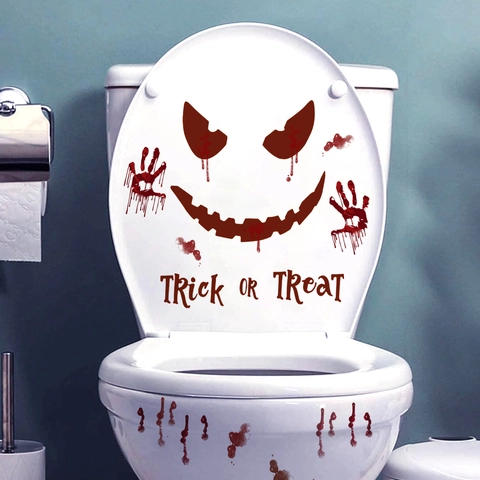Halloween Scary Toilet Sticker PVC Bloody Handprint Bloody Face Trick Or Treat Decoration For Bathroom Toilet Seat Wall Decal Party Decor