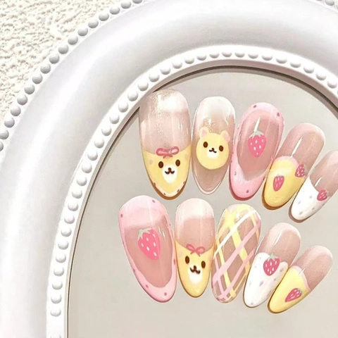 Cartoon Bear Strawberry Press On Nails Almond Shape ABS Plastic Grid Polka Dot Sweet Cute False Nails
