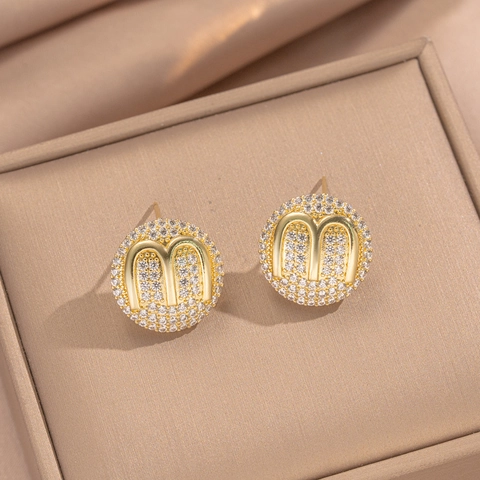 Round Letter M Stud Earrings Copper Plated 18K Gold Micro Pave Cubic Zirconia Elegant Minimalist Jewelry For Women