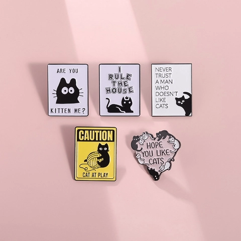 Funny Black Cat Enamel Pin Set Cartoon Animal Alloy Brooches Caution Cat At Play I Rule The House Metal Badge Jewelry Gift For Cat Lovers Clothing Decor