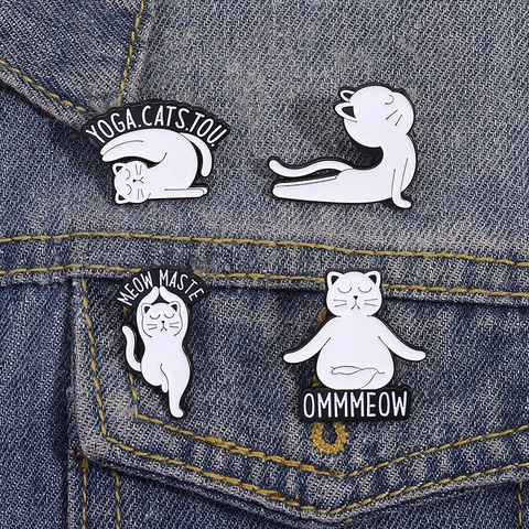 Funny Yoga Cat Enamel Pin Cartoon White Kitten Brooch Badge For Backpack Clothing Accessory Alloy Jewelry Animal Gift
