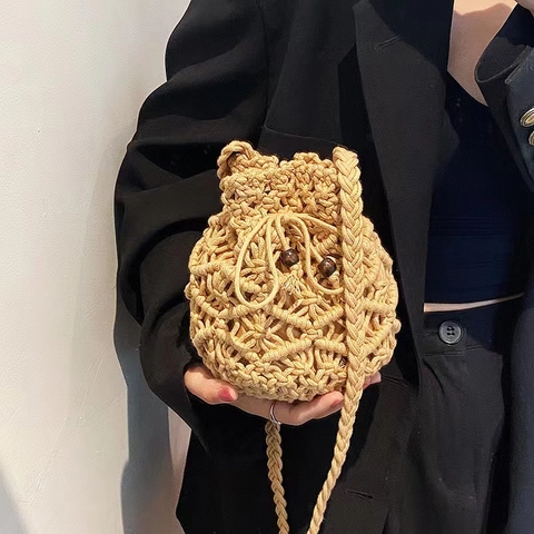 Handwoven Cotton Rope Bucket Bag Drawstring Macrame Wood Beads Crossbody Beach Shoulder Bag Women