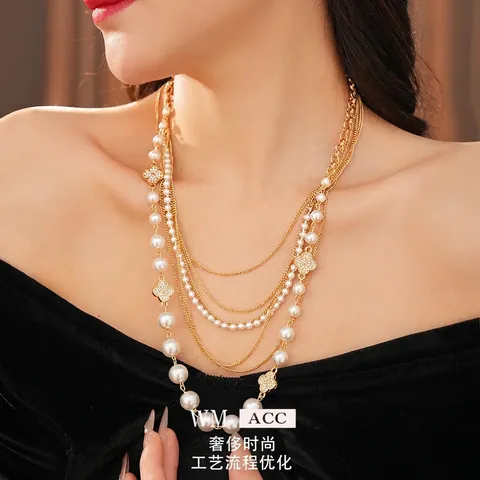 Collana Multistrato Con Künstliche Perle Sintetiche E Pendenti A Fiore Con Strass Gioielli Eleganti In Lega Dorata Per Donna