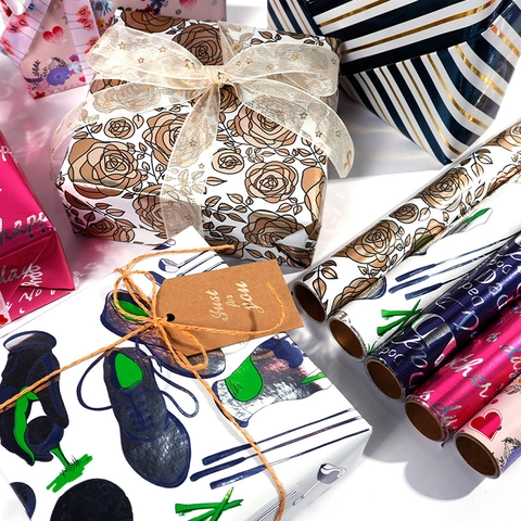Metallic Aluminized Gift Wrapping Paper Roll For Father's Day Mother's Day Valentine's Day Golf Rose Striped Pattern Floral Print Present Packaging Paper