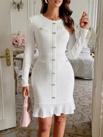 Women Knit Dress Long Sleeve Ruffle Hem Golden Buttons Elegant Slim Fit Bodycon Round Neck For Daily Office Party