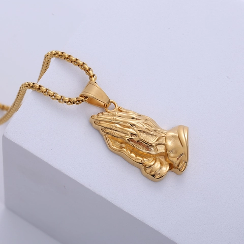 Collana Con Ciondolo Mani In Preghiera Acciaio Inossidabile Placcato Oro 18K Gioielli Hip Hop Religiosi Per Uomini Donne Con Catena Box