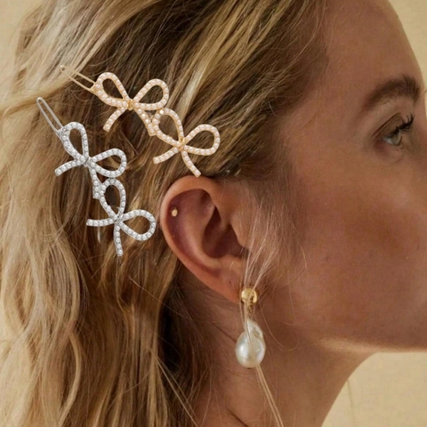 Bowknot Hair Clip Alloy Rhinestone Artificial Pearl Butterfly Barrette Elegant Sparkling Hairpin Side Clip For Women Girls