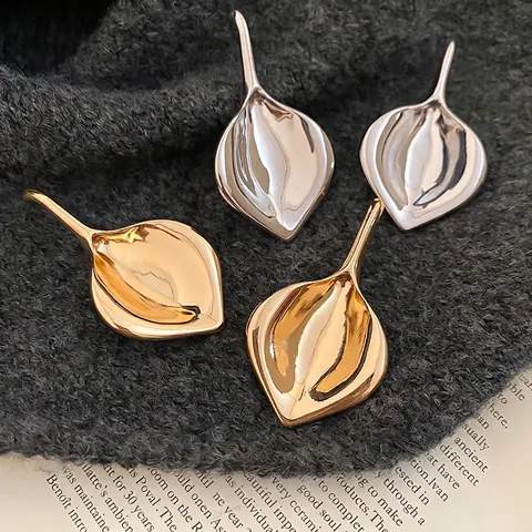 Abstract Leaf Drop Earrings With Silver Earring Post Metal High Polish Smooth Exaggerated Dangle For Women