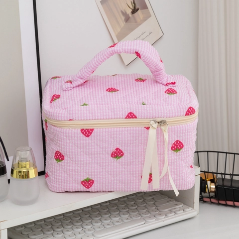 Quilted Cosmetic Bag Strawberry Gingham Travel Makeup Organizer Large Capacity Pouch Pink Floral Soft Storage