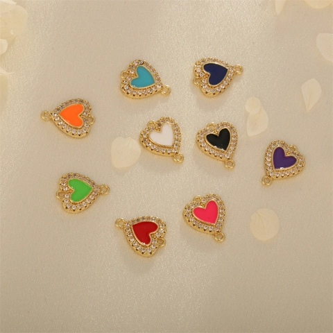 Dijes De Corazón De Cobre Chapado En Oro Con Circonitas Y Esmalte Bisutería DIY Conectores De Corazón Coloridos