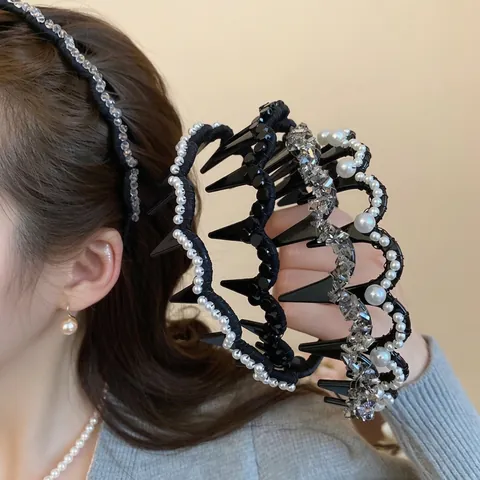 Wave Shaped Headband Faux Artificial Pearl Rhinestone Crystal Encrusted Teeth Combs Women Vintage Elegant Hair Accessories