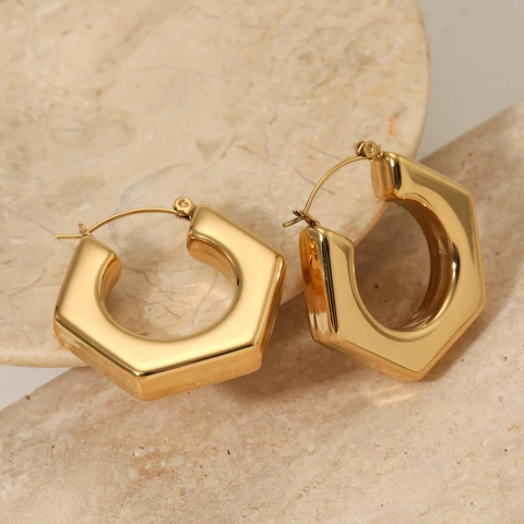 Pendientes De Aro Hexagonales Geométricos Acero Inoxidable Pulido Minimalista Hueco Grueso Joyería Moderna Para Mujeres