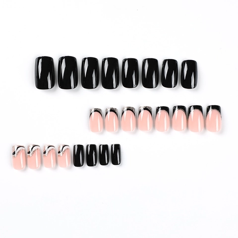 Press On Nails Stile Francese Nero Bianco Cuciture Glitter Oro Lunga Forma Quadrata Unghie Artificiali