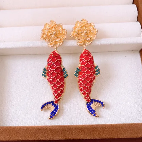 Koi Vis Hangende Oorbellen Met 925 Sterling Zilveren Oorknopje Legering Emaille Strass Chinese Stijl Retro Voor Dames