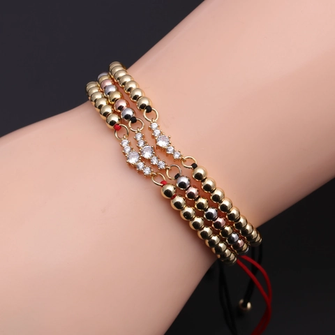 Adjustable Copper Cubic Zirconia Bead Bracelet With Geometric Inlaid Charm Colored Braided String Jewelry For Women