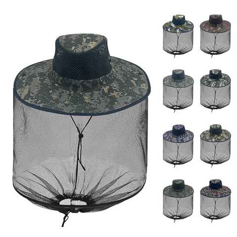 Camouflage Mosquito Net Bucket Hat Polyester Sun Protection Mesh Fishing Hat For Outdoor Gardening Men Women