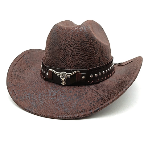 Cappello Da Cowboy Occidentale Vintage Tesa Larga Effetto Usato Stampa Serpente Poliestere Testa Di Toro E Cintura