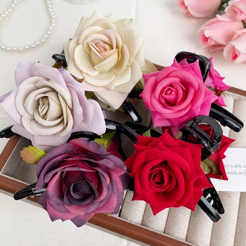Molletta Per Capelli Rosa Fiore Elegante Realistica Simulazione Tessuto Plastica Accessori Capelli Donna