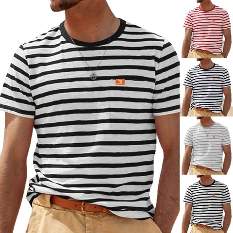 Camiseta De Rayas De Manga Corta Para Hombre Mezcla De Poliéster Y Elastano Cuello Redondo Informal De Verano Playa Con Bolsillo
