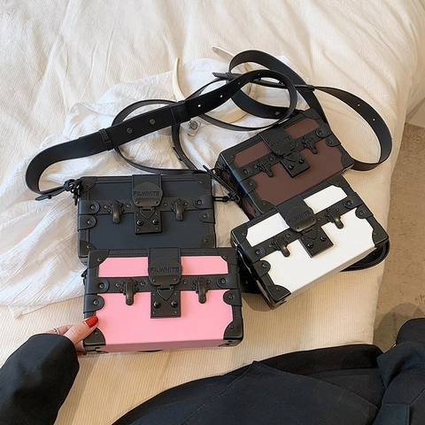 French Style Vintage Trunk Box Bag Women Color Block Hard Shell Shoulder Bag With Rivet Metal Lock PU Leather Crossbody Bag